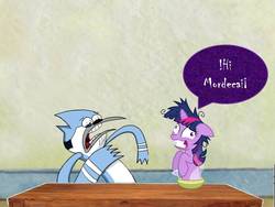 Size: 960x720 | Tagged: safe, artist:kaiamurosesei, twilight sparkle, g4, bowl, crossover, crossover shipping, insanity, mordecai, mordelight