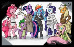 Size: 800x511 | Tagged: safe, applejack, fluttershy, pinkie pie, rainbow dash, rarity, spike, twilight sparkle, anthro, unguligrade anthro, g4, arm hooves, clothes, detective, dress, flapper, gangster, hooves, mane seven, mane six, noir, private eye, raincoat, skirt, trenchcoat, waitress