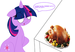 Size: 900x618 | Tagged: safe, artist:modernlisart, twilight sparkle, pony, turkey, unicorn, g4, cooked, cooking, crossover shipping, dead, female, floppy ears, food, implied mordecai, mare, open mouth, sitting, solo, thanksgiving, wide eyes, worried