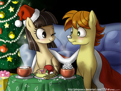 Size: 1200x900 | Tagged: safe, artist:johnjoseco, mandopony, wild fire, pony, g4, christmas, christmas tree, cookie, duo, female, food, harsher in hindsight, hat, holiday, hot chocolate, male, marshmallow, palindrome get, santa hat, ship:mandofire, shipping, sibsy, straight, tree