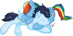 Size: 2989x1471 | Tagged: safe, artist:pixelteacups, rainbow dash, soarin', g4, female, male, ship:soarindash, shipping, simple background, sleeping, snuggling, straight, transparent background