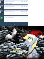 Size: 1000x1334 | Tagged: safe, artist:jamescorck, derpy hooves, oc, oc:movie slate, pegasus, pony, unicorn, g4, ask, female, hat, horn, mare, miracle on 34th street, tumblr, unicorn oc