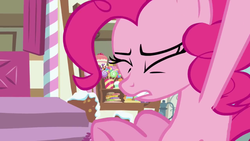 Size: 960x540 | Tagged: safe, pinkie pie, earth pony, pony, g4, wonderbolts academy, animation error, eyes closed, snow, solo