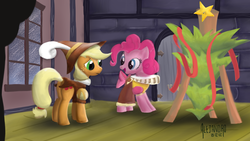 Size: 1920x1080 | Tagged: safe, artist:vsabbath, applejack, chancellor puddinghead, pinkie pie, smart cookie, earth pony, pony, g4, hearth's warming eve (episode), butt, christmas tree, female, hearth's warming eve, mare, plot, tree, upside down