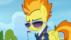 Size: 960x540 | Tagged: safe, screencap, spitfire, pegasus, pony, g4, wonderbolts academy, clothes, eyes closed, female, folded wings, mare, necktie, smiling, solo, spitfire's tie, sunglasses, uniform, wings, wonderbolts dress uniform