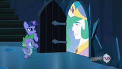 Size: 854x480 | Tagged: safe, princess celestia, spike, twilight sparkle, g4, my little pony: friendship is magic, the crystal empire, exploitable meme, humanized, meme, rule 63, the scary door