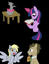 Size: 2550x3300 | Tagged: safe, artist:nicte-ha, derpy hooves, doctor whooves, time turner, twilight sparkle, earth pony, pegasus, pony, unicorn, g4, black background, female, mare, simple background, spread wings, unicorn twilight, wings