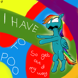 Size: 800x800 | Tagged: safe, artist:lupr, rainbow dash, pony, g4, bipedal, derp, faic, female, needs more saturation, potty time, solo, standing, text