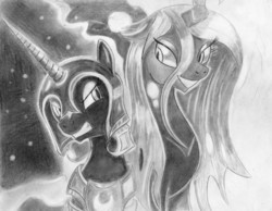 Size: 3210x2490 | Tagged: source needed, safe, artist:tallyburd, nightmare moon, queen chrysalis, g4, drawing, traditional art