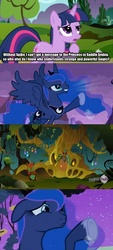 Size: 1000x2222 | Tagged: safe, princess luna, twilight sparkle, g4, magic duel, caption, sad