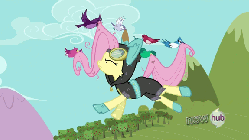 Size: 576x324 | Tagged: safe, screencap, fluttershy, bird, blue jay, pegasus, pony, songbird, g4, magic duel, season 3, animated, bunny ears, carrying, clothes, cute, dangerous mission outfit, eyes closed, female, flying, gif, hoodie, mare, running, running in place, shyabetes, solo