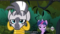 Size: 1920x1080 | Tagged: safe, screencap, twilight sparkle, zecora, zebra, g4, magic duel, islam, youcap dump, youtube caption