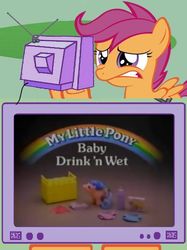 Size: 449x600 | Tagged: safe, scootaloo, pony, g1, g4, exploitable meme, irl, meme, photo, toy, tv meme