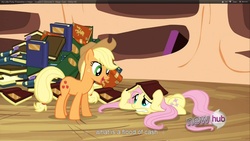 Size: 1920x1080 | Tagged: safe, screencap, applejack, fluttershy, g4, magic duel, book, hub logo, youcap dump, youtube caption