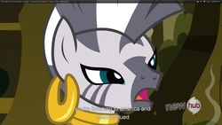 Size: 1920x1080 | Tagged: safe, screencap, zecora, zebra, g4, magic duel, bust, ear piercing, earring, jewelry, piercing, youcap dump, youtube caption, zecora's hut