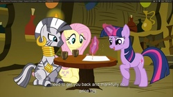 Size: 1920x1080 | Tagged: safe, screencap, fluttershy, twilight sparkle, zecora, pony, unicorn, zebra, g4, magic duel, female, levitation, magic, mare, quill, tea, telekinesis, youcap dump, youtube caption