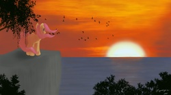 Size: 5900x3300 | Tagged: safe, artist:amethysthorn, fluttershy, bird, g4, ocean, sunset, tree