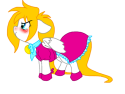 Size: 800x600 | Tagged: safe, artist:thamutt, oc, oc only, oc:frolic, pony, blushing, clothes, dress, flustered, freckles, pouting, solo