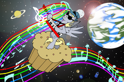 Size: 3245x2144 | Tagged: safe, artist:midnight-cobra, derpy hooves, pegasus, pony, g4, female, hat, keytar, mare, muffin, music, musical instrument, space, sunglasses