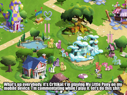 Size: 2048x1536 | Tagged: safe, gameloft, applejack, big macintosh, bon bon, cheerilee, lyra heartstrings, pinkie pie, sweetie drops, twilight sparkle, zecora, earth pony, pony, zebra, g4, cr1tikal, female, game screencap, image macro, male, mare, pond, ponyville, stallion, tree, zecora's hut