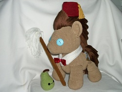 Size: 1280x960 | Tagged: safe, artist:masterplanner, doctor whooves, time turner, earth pony, pony, g4, amigurumi, bowtie, crochet, doctor who, fez, hat, irl, mop, pear, photo, plushie, reference, solo