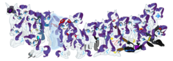 Size: 8500x3000 | Tagged: safe, artist:twilathewolf, rarity, pony, unicorn, g4, alternate universe, ask, batman, catwoman, clone, commonity, female, fire ruby, mare, multeity, multiverse, simple background, transparent background, tumblr