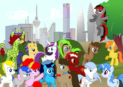 Size: 3508x2480 | Tagged: safe, artist:bluevisionpony, oc, oc only, earth pony, giraffe, pegasus, pony, unicorn, bowtie, city, cityscape, crown, freckles, kl tower, kuala lumpur, malaysia, manchester united, petronas towers