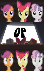 Size: 800x1290 | Tagged: safe, apple bloom, scootaloo, sweetie belle, g4, exploitable meme, meme, op, theater meme