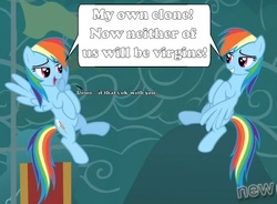 Size: 908x670 | Tagged: safe, edit, edited screencap, screencap, fluttershy, rainbow dash, pegasus, pony, g4, magic duel, double rainbow, female, image macro, implied sex, innuendo, lesbian, mare, now neither of us will be virgins, selfcest, ship:flutterdash