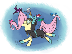 Size: 2000x1500 | Tagged: safe, artist:cyberfire22, fluttershy, bird, pegasus, pony, g4, magic duel, animal, bunny ears, carrying, clothes, dangerous mission outfit, female, flying, goggles, hoodie, mare, scene interpretation, solo