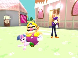 Size: 1280x960 | Tagged: safe, artist:oudieth, twilight sparkle, human, pony, unicorn, g4, 3d, crossover, facepalm, fail, gmod, heavy, humans riding ponies, male, riding, riding a pony, super mario bros., unicorn twilight, waluigi, wario
