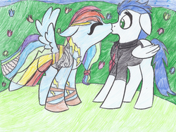 Size: 900x676 | Tagged: safe, artist:sneezefeatherwarrior, rainbow dash, soarin', g4, female, kissing, male, ship:soarindash, shipping, straight