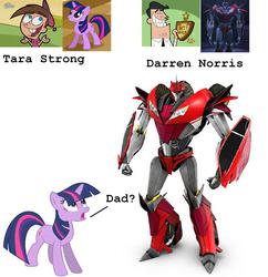 Size: 1366x1410 | Tagged: safe, twilight sparkle, human, pony, robot, unicorn, g4, daran norris, knock out, nickelodeon, nicktoons, tara strong, the fairly oddparents, timmy turner, timmy's dad, transformers, transformers prime, unicorn twilight, voice actor joke
