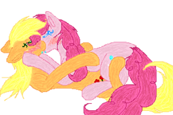 Size: 294x195 | Tagged: safe, artist:tsukaimonboom, applejack, pinkie pie, earth pony, pony, g4, duo, female, kiss on the lips, kissing, lesbian, mare, ship:applepie, shipping, simple background, white background