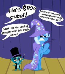 Size: 2529x2886 | Tagged: safe, artist:cartuneslover16, trixie, mongoose, pony, unicorn, g4, angry, cape, clothes, crossover, cute, gritted teeth, hat, littlest pet shop, magic wand, magician, offscreen character, sunil nevla, teeth, top hat, trixie is not amused, unamused