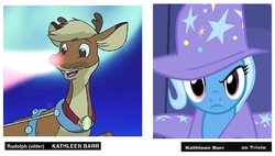 Size: 500x284 | Tagged: safe, trixie, deer, pony, reindeer, unicorn, g4, exploitable meme, kathleen barr, meme, meta, rudolph the red nosed reindeer, same voice actor