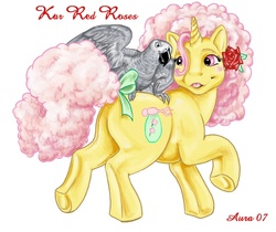 Size: 708x596 | Tagged: safe, red roses, bird, pony, unicorn, g1, cutie mark, female, flower, hooves, horn, mare, rose, solo, text, tongue out