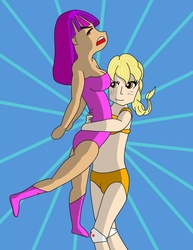 Size: 850x1100 | Tagged: safe, artist:divinefolklore, applejack, twilight sparkle, human, g4, duo, humanized, wrestling