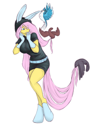 Size: 1800x2366 | Tagged: safe, artist:terezi-pierope, fluttershy, bird, pegasus, anthro, g4, breasts, bunny ears, busty fluttershy, clothes, dangerous mission outfit, female, gloves, hoodie, solo