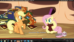 Size: 1366x768 | Tagged: safe, screencap, applejack, fluttershy, earth pony, pegasus, g4, magic duel, duo, golden oaks library, youtube caption