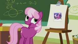 Size: 1920x1080 | Tagged: safe, screencap, cheerilee, earth pony, pony, call of the cutie, g4, my little pony: friendship is magic, 80s, 80s cheerilee, animation error, apple, chalkboard, cheerilee's clipboard meme, classroom, exploitable meme, female, food, mare, meme, meme origin, ponyville schoolhouse, solo