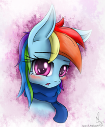 Size: 1080x1310 | Tagged: safe, artist:sonicrainboom93, rainbow dash, pegasus, pony, g4, blushing, bust, clothes, female, mare, scarf, signature, solo