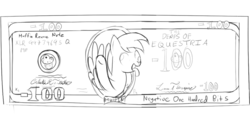 Size: 800x400 | Tagged: artist needed, safe, derpy hooves, pegasus, pony, g4, dollar, female, mare, money, monochrome, muffin, tongue out