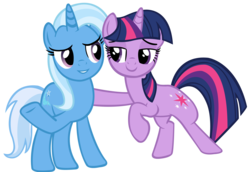 Size: 2907x1996 | Tagged: safe, artist:sofunnyguy, trixie, twilight sparkle, g4, bedroom eyes, bipedal, bipedal leaning, female, leaning, lesbian, ship:twixie, shipping, simple background, transparent background, vector