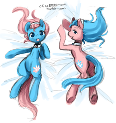 Size: 642x681 | Tagged: safe, artist:chinad011, aloe, lotus blossom, earth pony, pony, g4, 30 minute art challenge, body pillow, body pillow design, butt, looking at you, plot