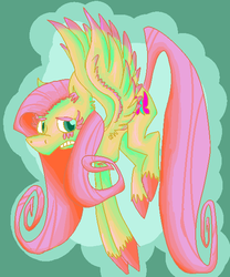 Size: 500x600 | Tagged: dead source, safe, artist:ensighclopedia, fluttershy, pegasus, pony, g4, abstract background, aside glance, colored hooves, colored wings, colored wingtips, ear fluff, eyelashes, female, gritted teeth, looking at you, mare, solo, spread wings, unshorn fetlocks, wings