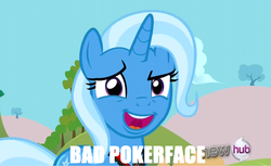 Size: 1610x985 | Tagged: safe, screencap, trixie, g4, magic duel, alicorn amulet, caption, hub logo, image macro, logo, open mouth, solo, text, text meta, the hub