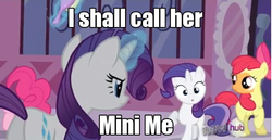 Size: 500x258 | Tagged: safe, edit, edited screencap, screencap, apple bloom, pinkie pie, rarity, sweetie belle, earth pony, pony, unicorn, g4, magic duel, austin powers, austin powers: the spy who shagged me, carousel boutique, hub logo, image macro, mini-me