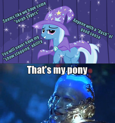 Size: 500x536 | Tagged: safe, edit, edited screencap, screencap, trixie, pony, unicorn, boast busters, g4, alternative cutie mark placement, arnold schwarzenegger, batman, batman and robin, female, inner thigh cutie mark, mare, mr. freeze, photo, pun, puns in the comments