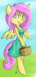 Size: 1357x2889 | Tagged: safe, artist:cyneko, artist:swiftcutter, fluttershy, pegasus, anthro, unguligrade anthro, g4, arm hooves, basket, clothes, collaboration, crepuscular rays, dress, female, hoof hold, picnic, picnic basket, picnic dress, solo, spring, spring dress, summer, summer dress, sundress